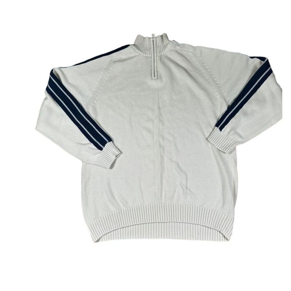 Cream Half-Zip Sweater with Navy Stripes Casual Sporty Pullover
